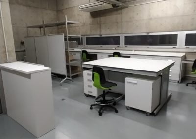 Vista de laboratorio que incluye módulo fregadero, isla, muebles y poyatas de laboratorio, así como taburetes Bimos Labsit de laboratorio.